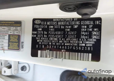 2015 Kia Sorento Lx z USA, uszkodzony, nr VIN 5XYKT4A63FG562181